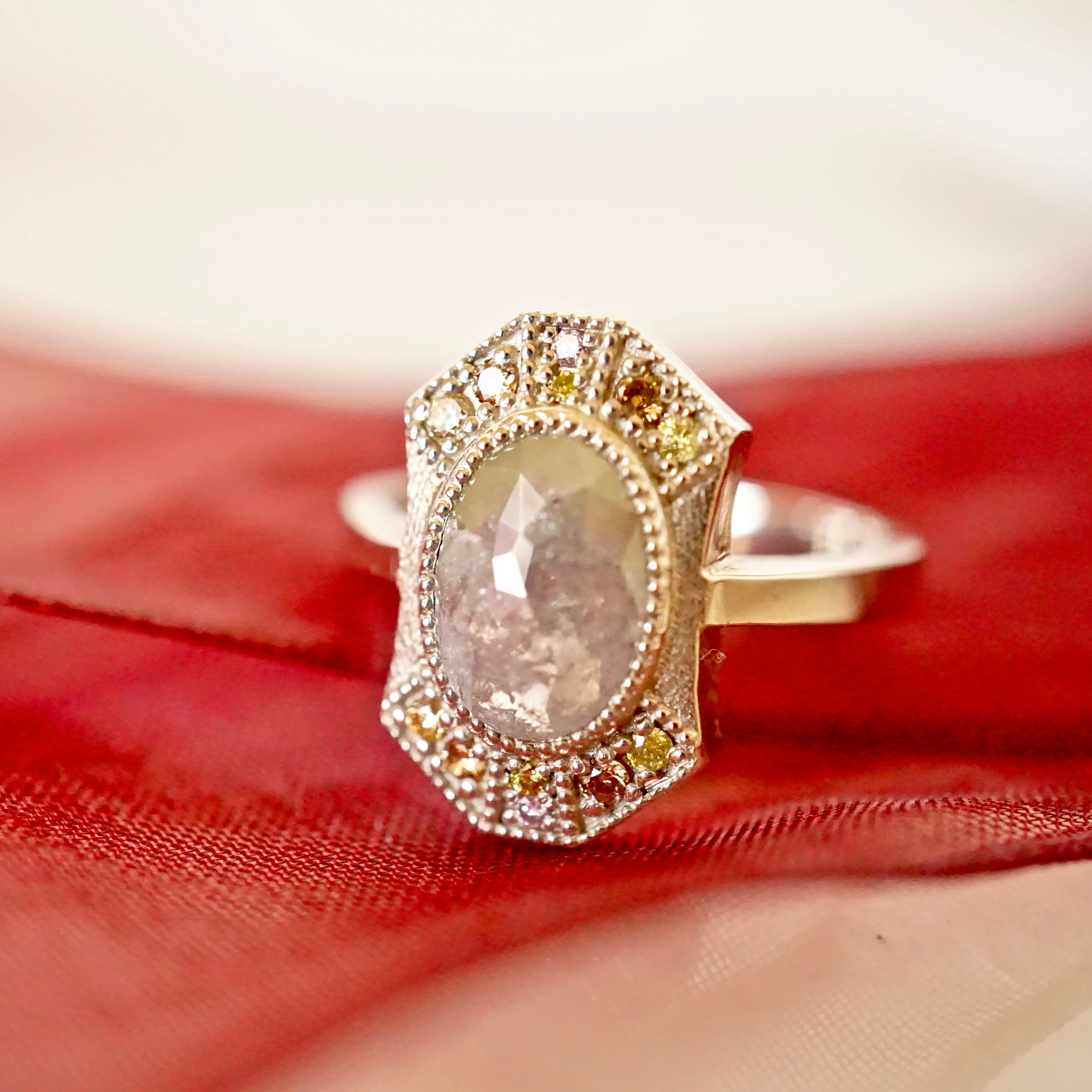 Grey Diamond Halo Ring - Unique Grey Oval Rose Cut Diamond Ring - Multi-Color Diamond Halo Ring