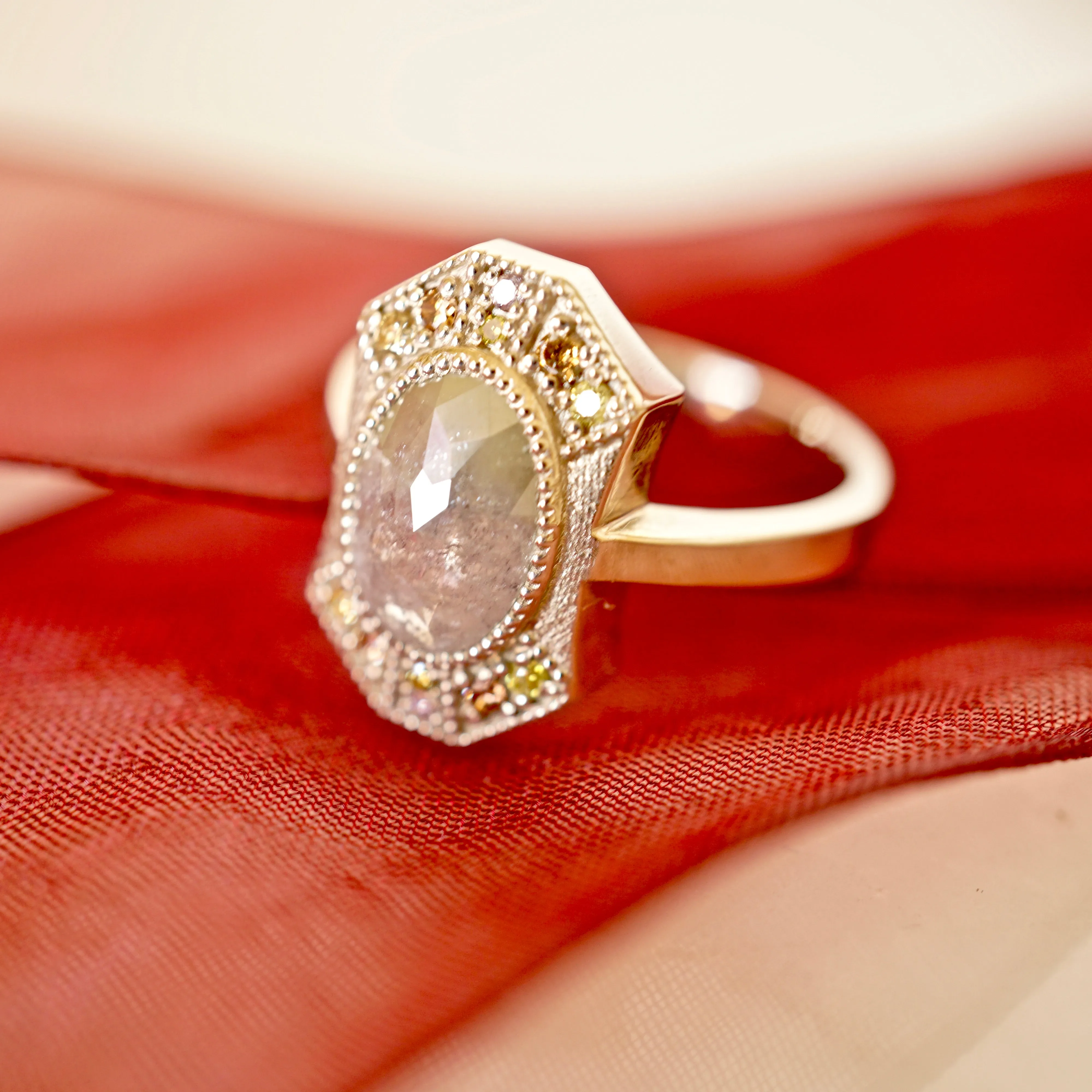 Grey Diamond Halo Ring - Unique Grey Oval Rose Cut Diamond Ring - Multi-Color Diamond Halo Ring