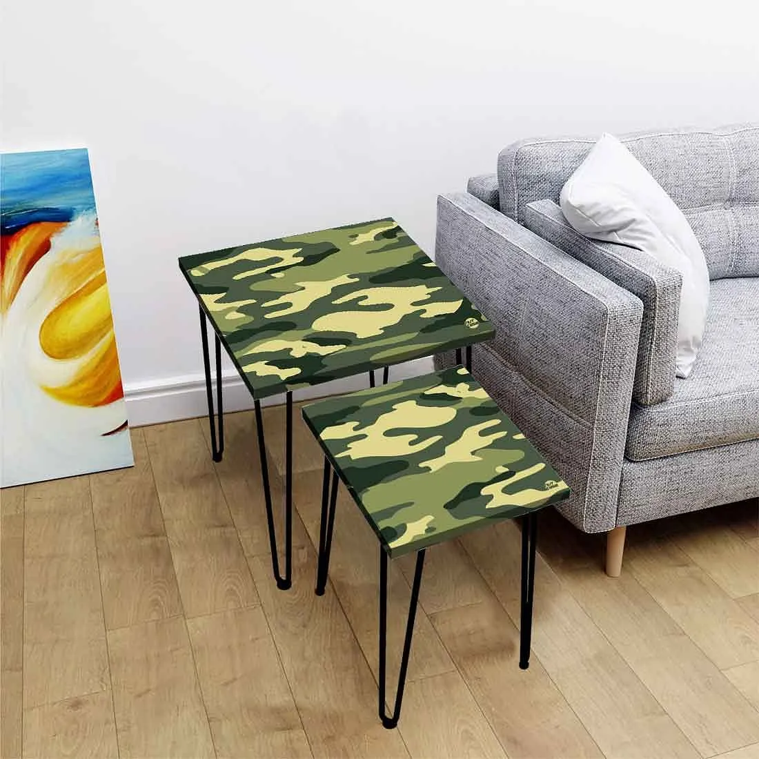 Hairpin Nesting Tables Set of 2 with Printed Top - Army Camouflage
