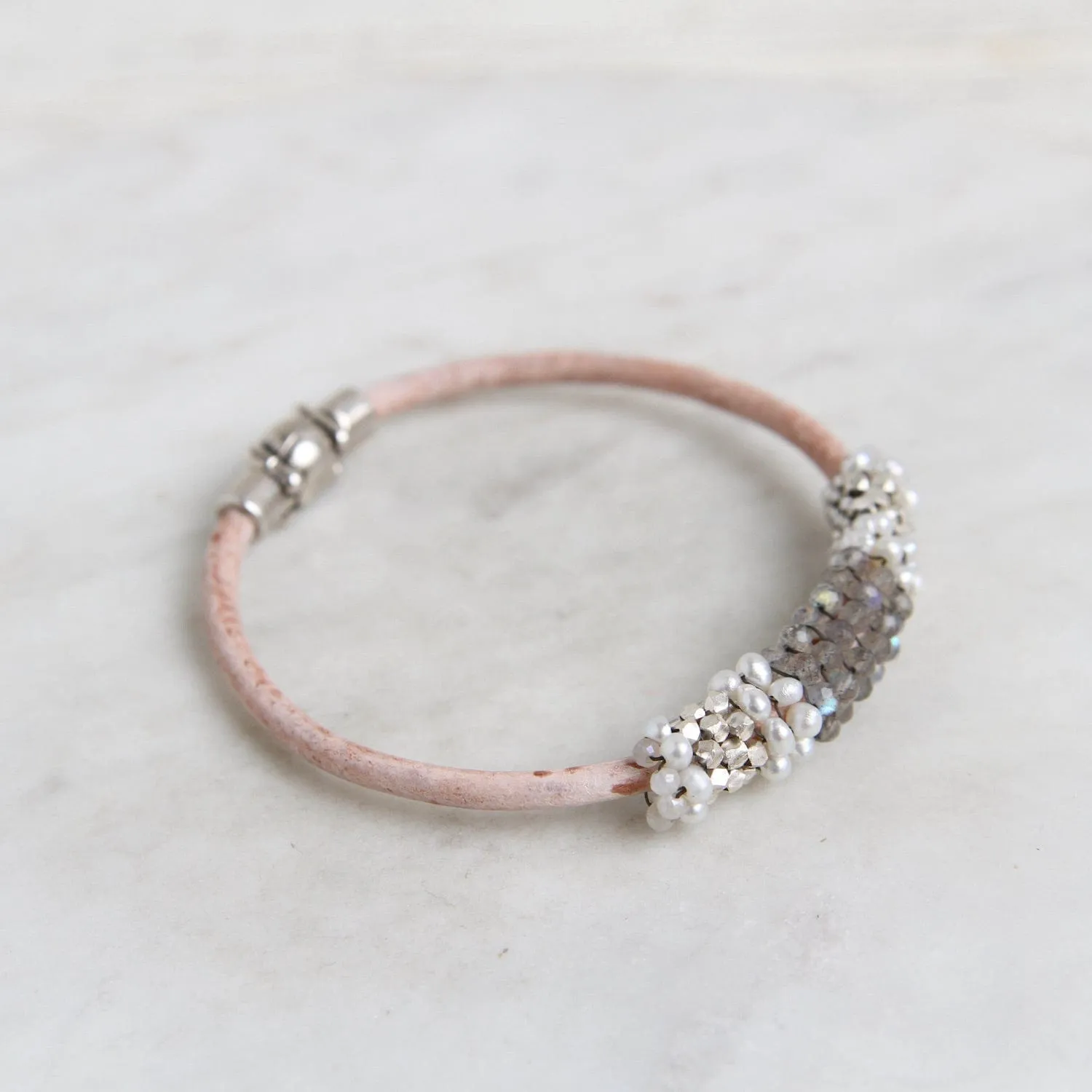 Hand Stitched Labradorite, Pearl, & Sterling Nugget Bracelet