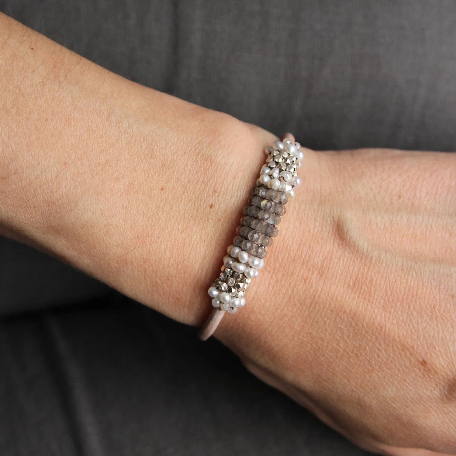 Hand Stitched Labradorite, Pearl, & Sterling Nugget Bracelet