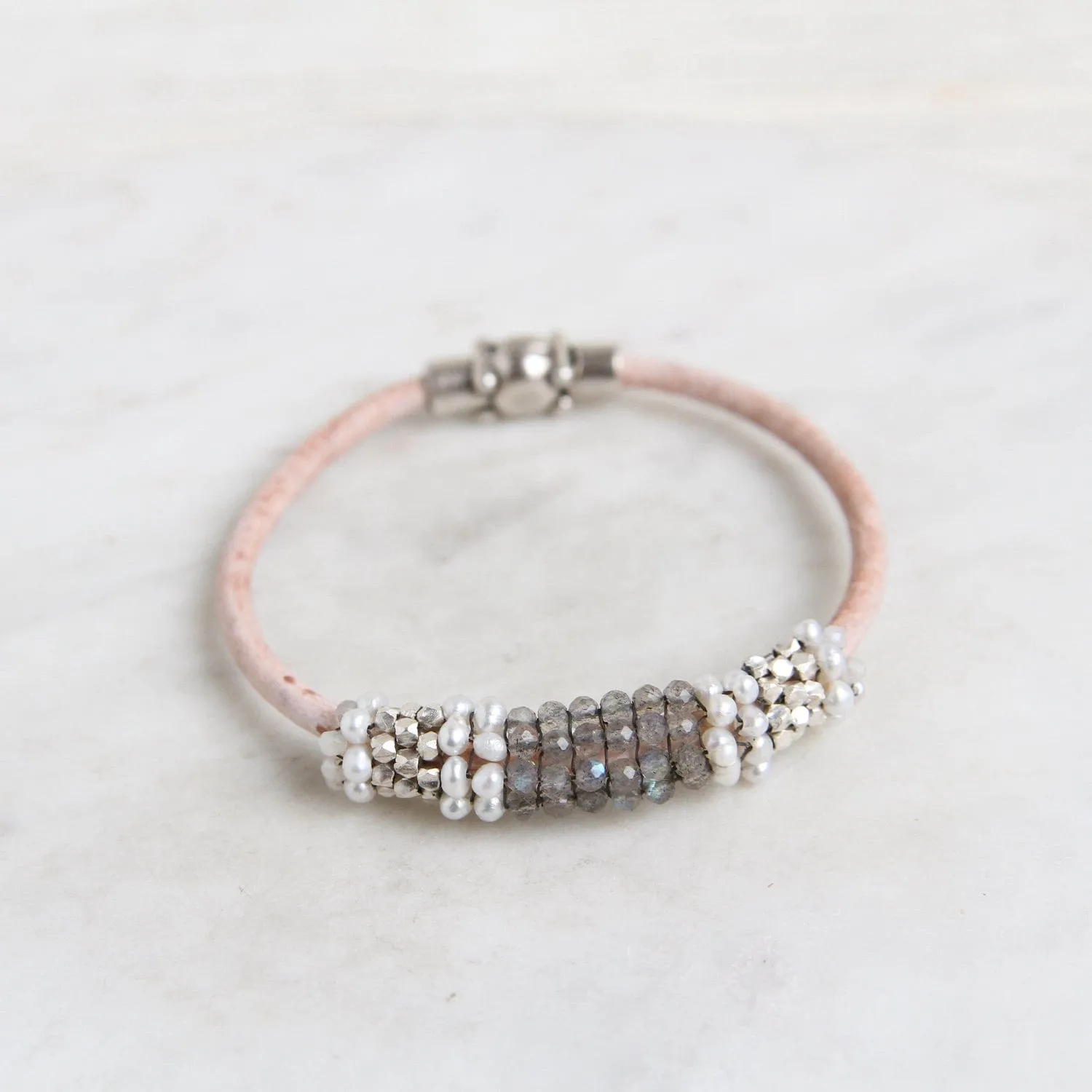 Hand Stitched Labradorite, Pearl, & Sterling Nugget Bracelet