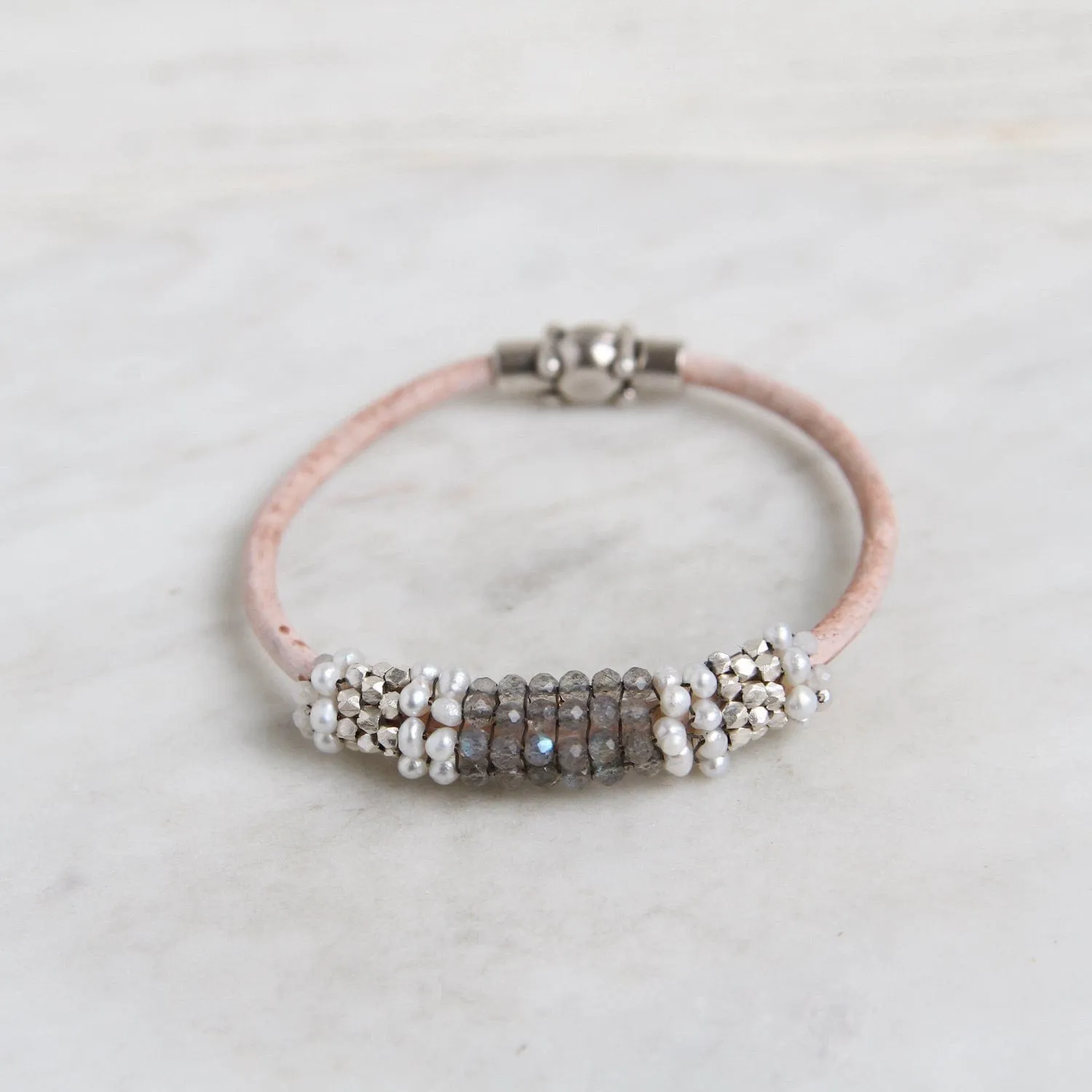 Hand Stitched Labradorite, Pearl, & Sterling Nugget Bracelet