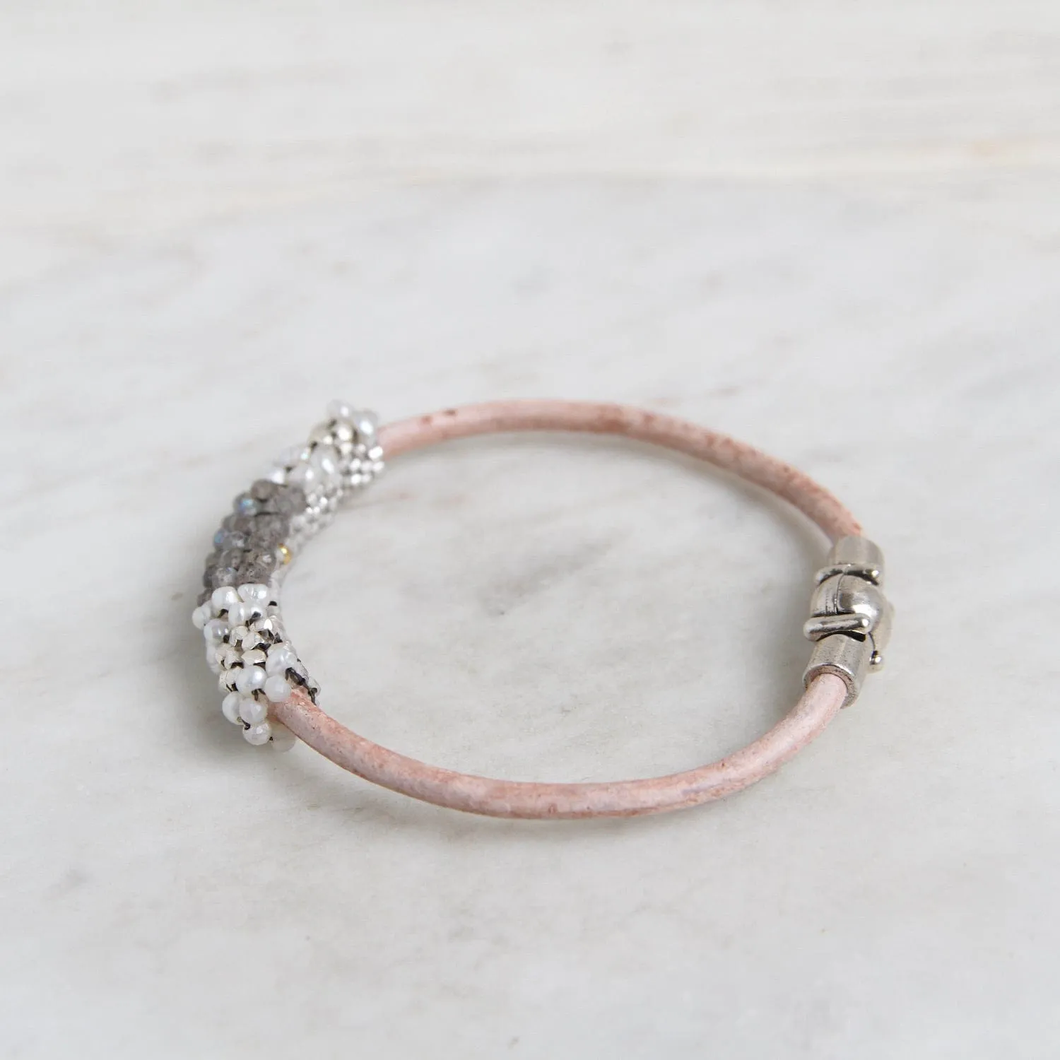 Hand Stitched Labradorite, Pearl, & Sterling Nugget Bracelet