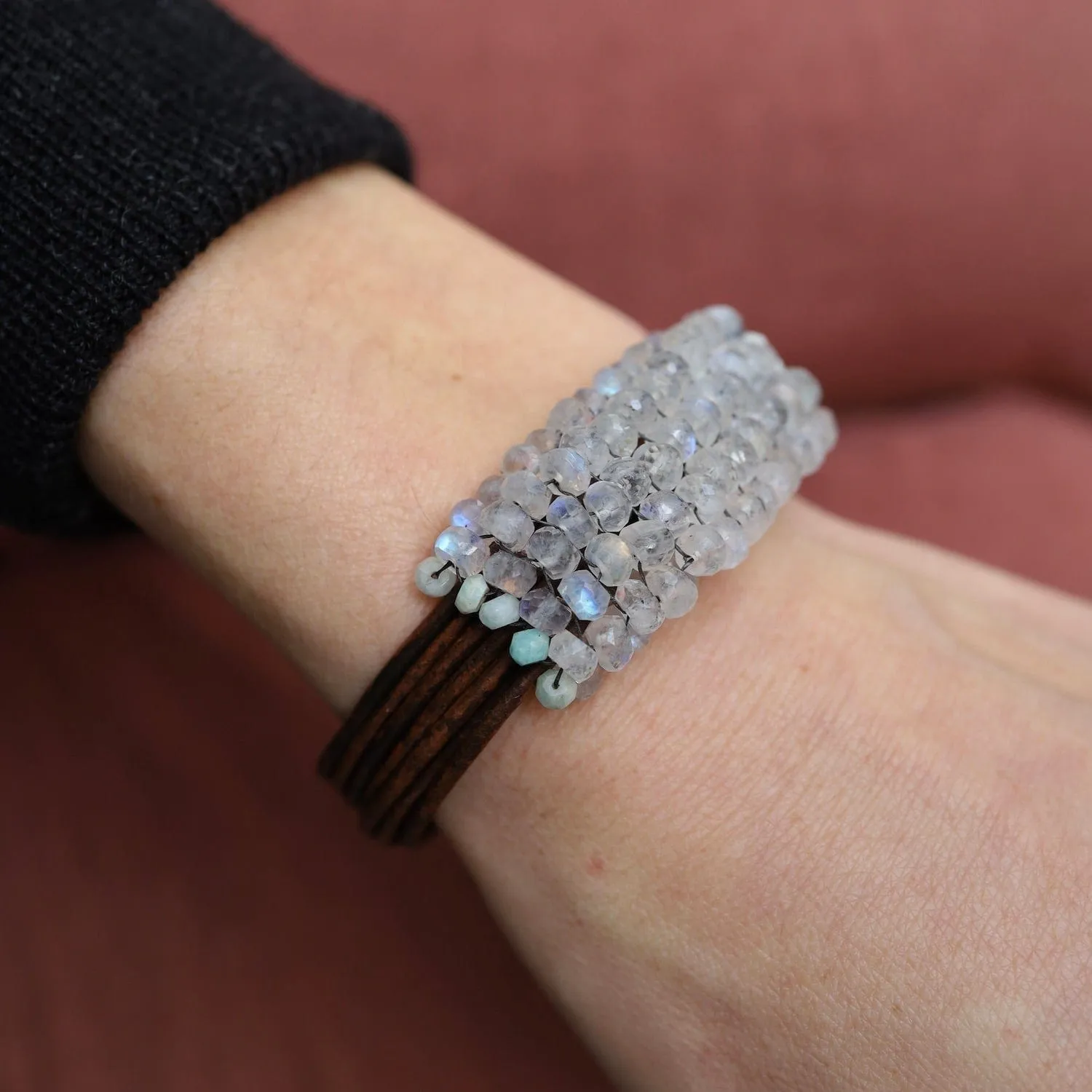 Hand Stitched Moonstone with Peruvian Opal Trim on Leather Bracelet