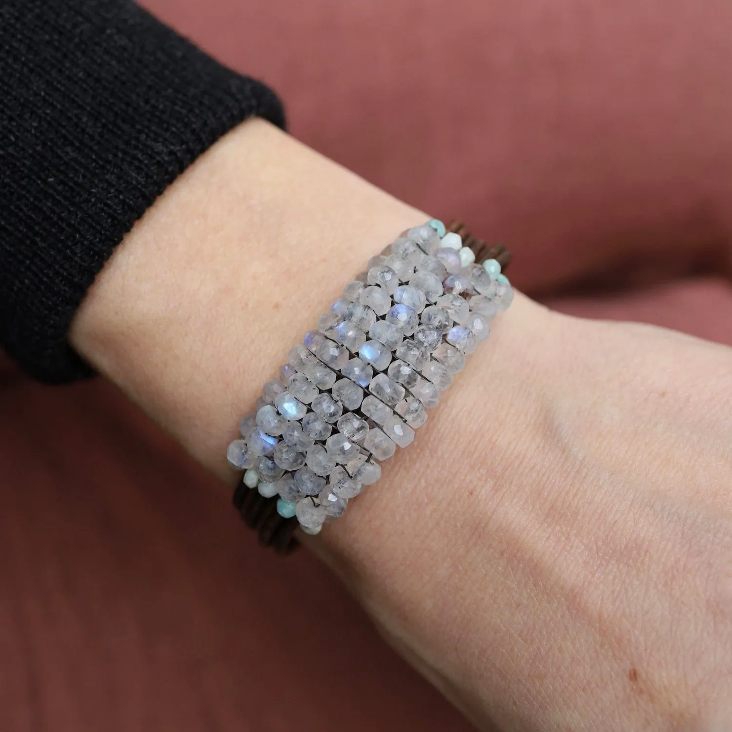 Hand Stitched Moonstone with Peruvian Opal Trim on Leather Bracelet