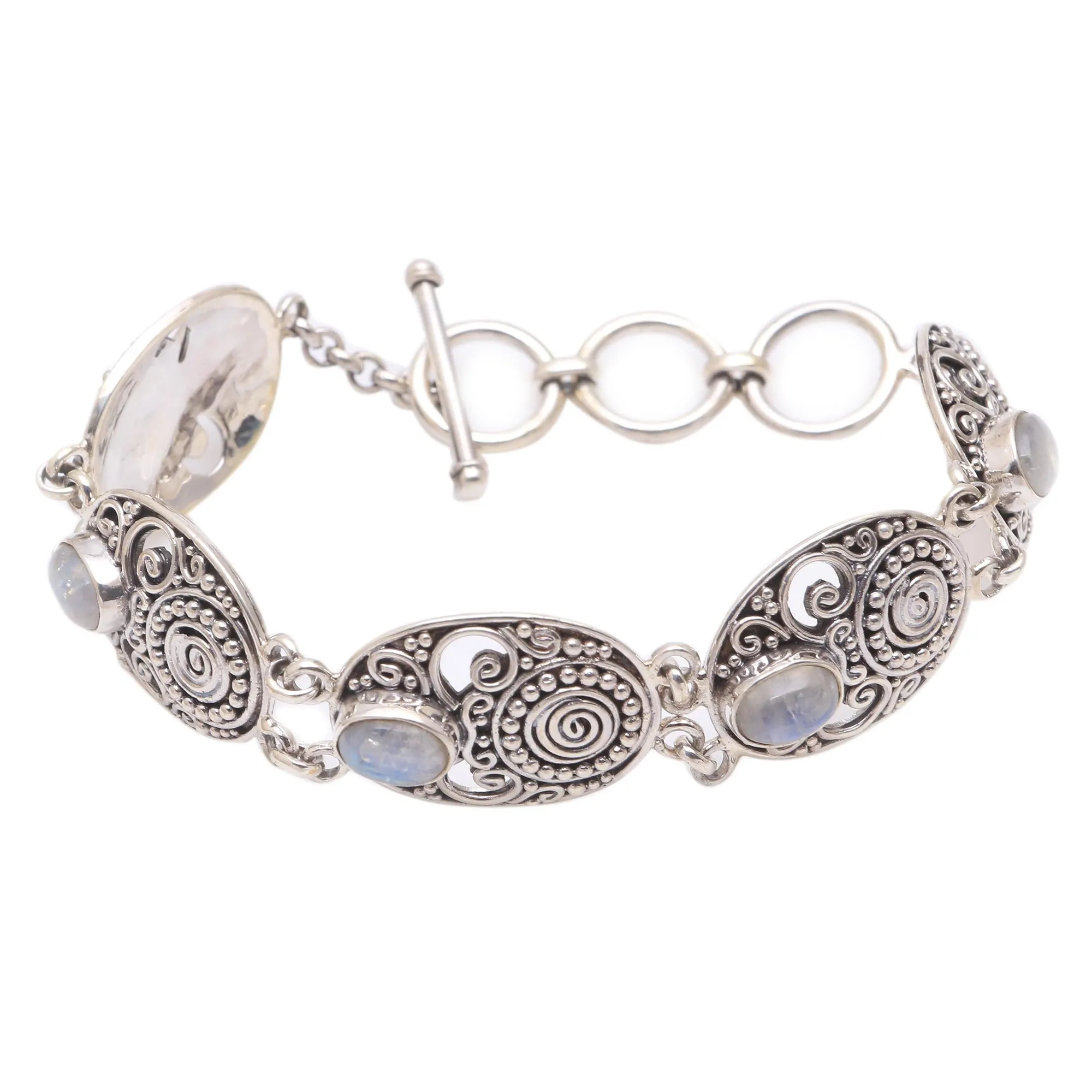 Handcrafted Rainbow Moonstone Link Bracelet from Bali - Shield of the Gods | NOVICA