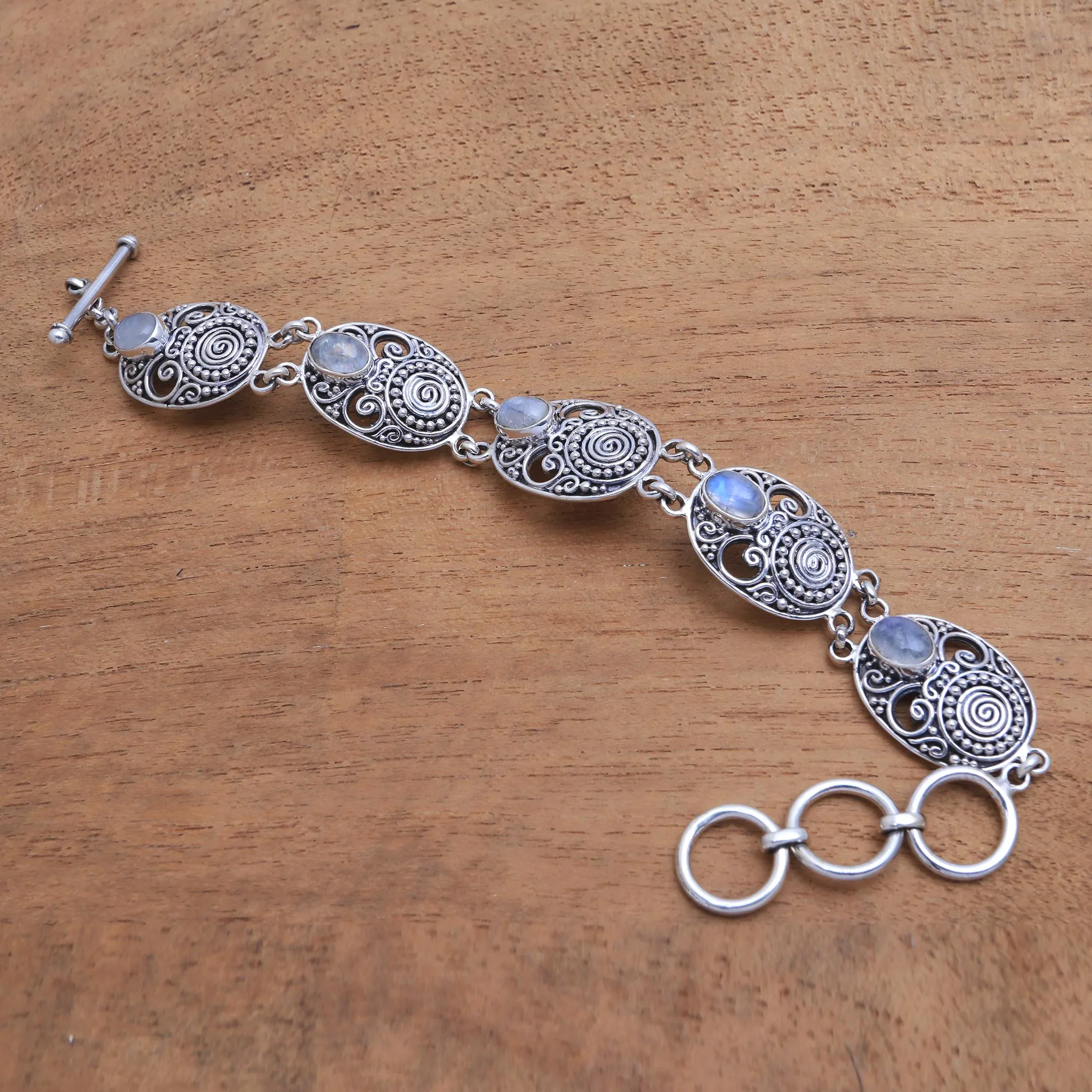 Handcrafted Rainbow Moonstone Link Bracelet from Bali - Shield of the Gods | NOVICA