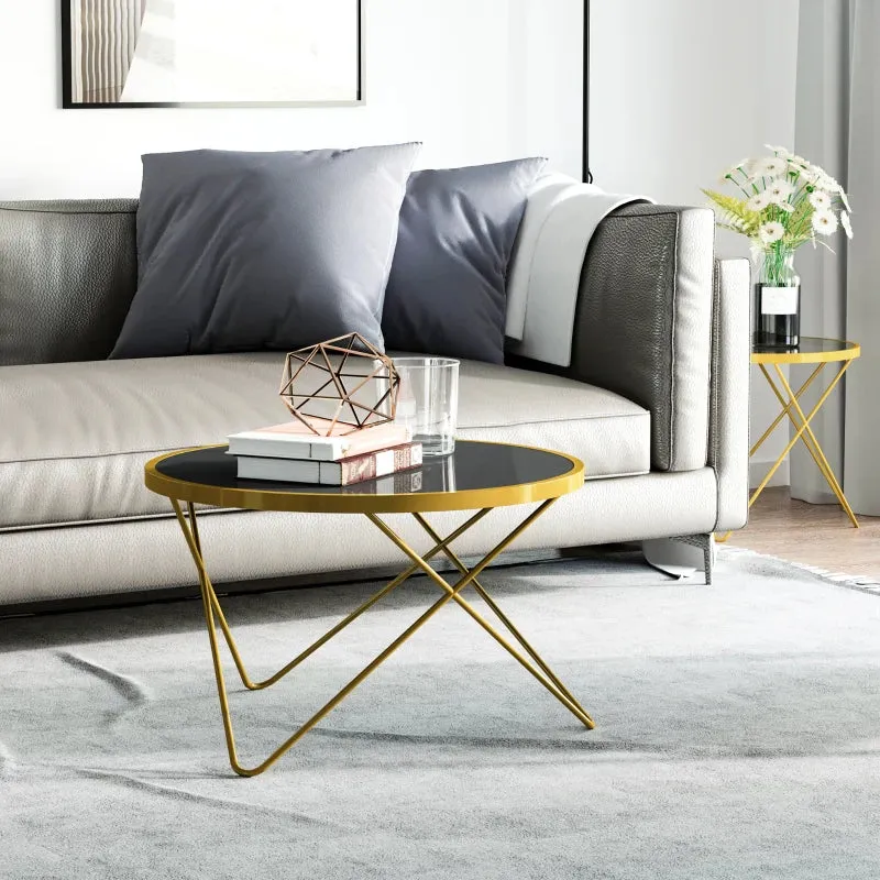 HOMCOM Glass Coffee Table 43x43x40cm - Black and Gold