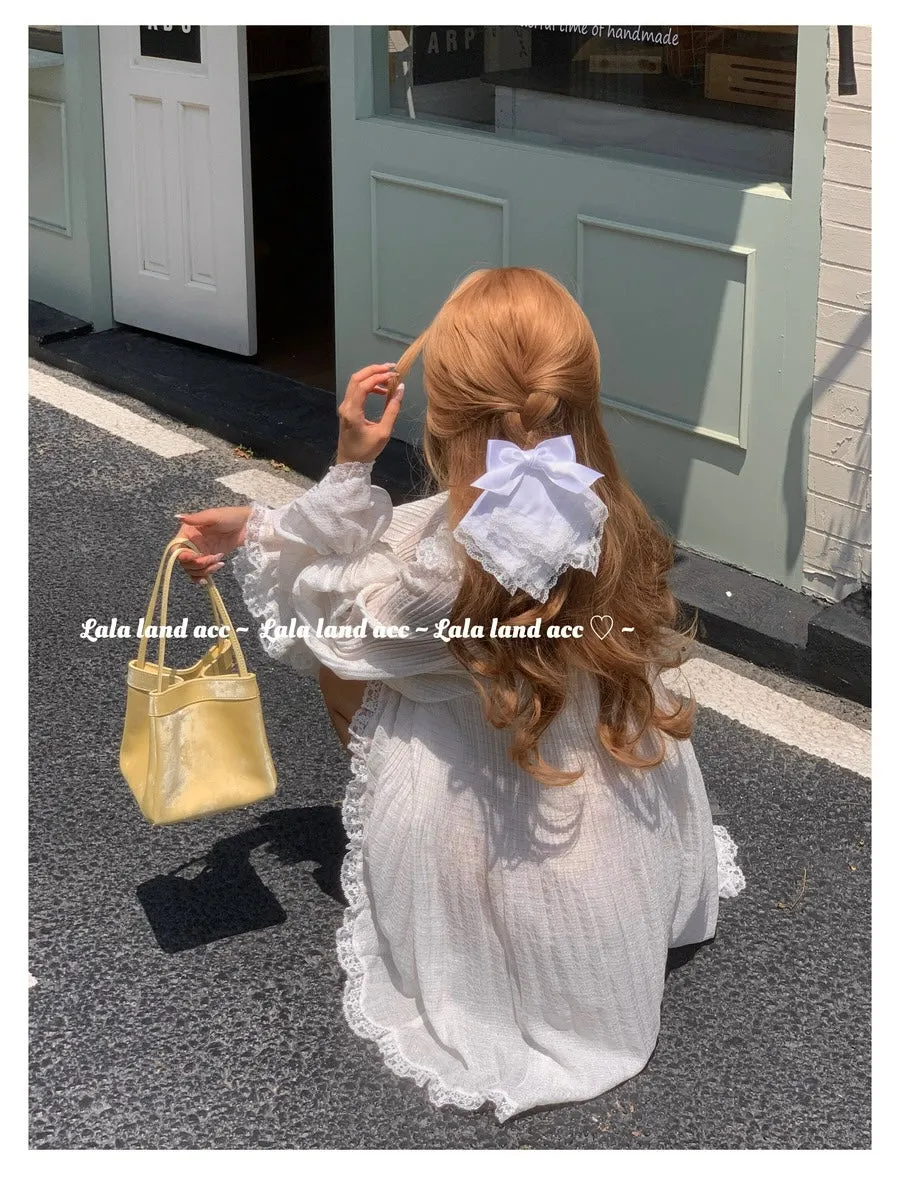 Homemade pure white lace layered bow triangle hairpin