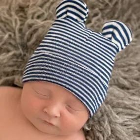 ilybean Navy Blue and White Striped Baby Bear Newborn Hospital Hat for Newborn Boys