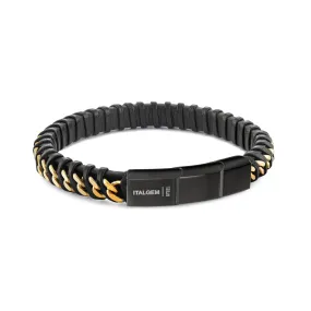 Italgem Men's 8.5" Steel Black Leather Bracelet