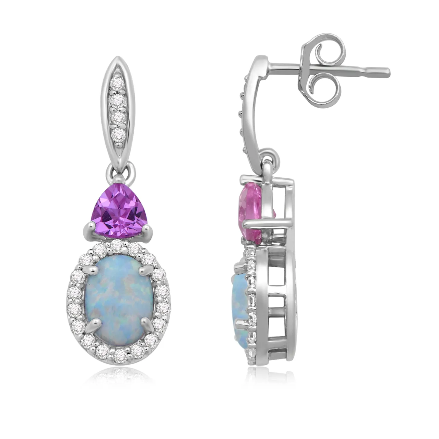 Jewelili Sterling Silver With Created Opal and Pink Sapphire and White Sapphire Dangle Earrings