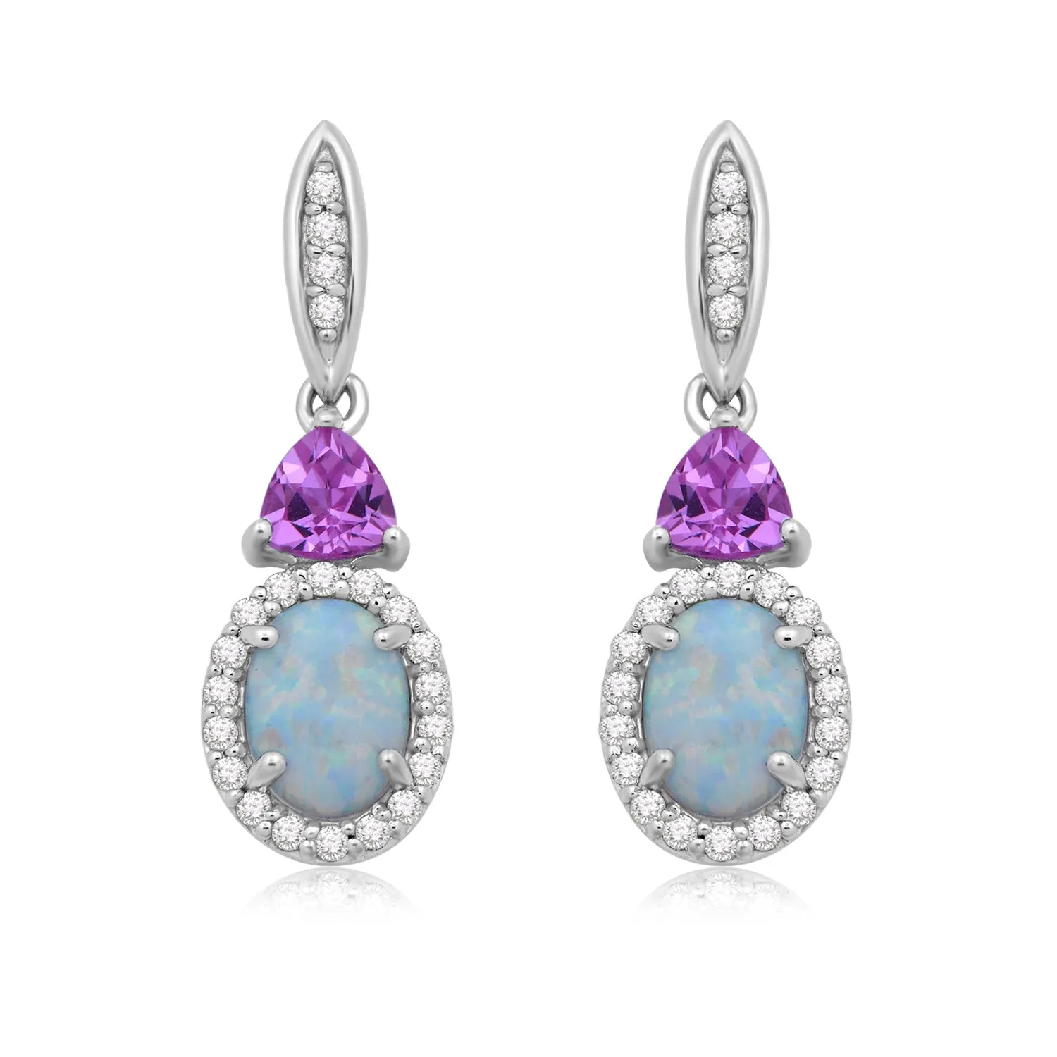 Jewelili Sterling Silver With Created Opal and Pink Sapphire and White Sapphire Dangle Earrings