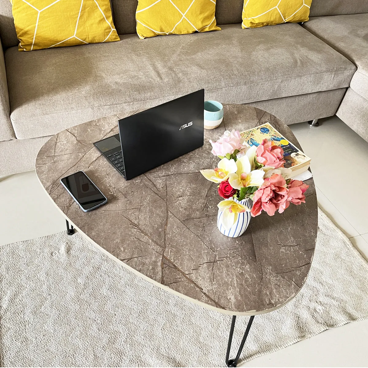 Kawachi Engineered Wood  Trianguler Centre Table Tea, Coffee Table for Living Room with Metal Hairpin Leg Caspio Dark KW101