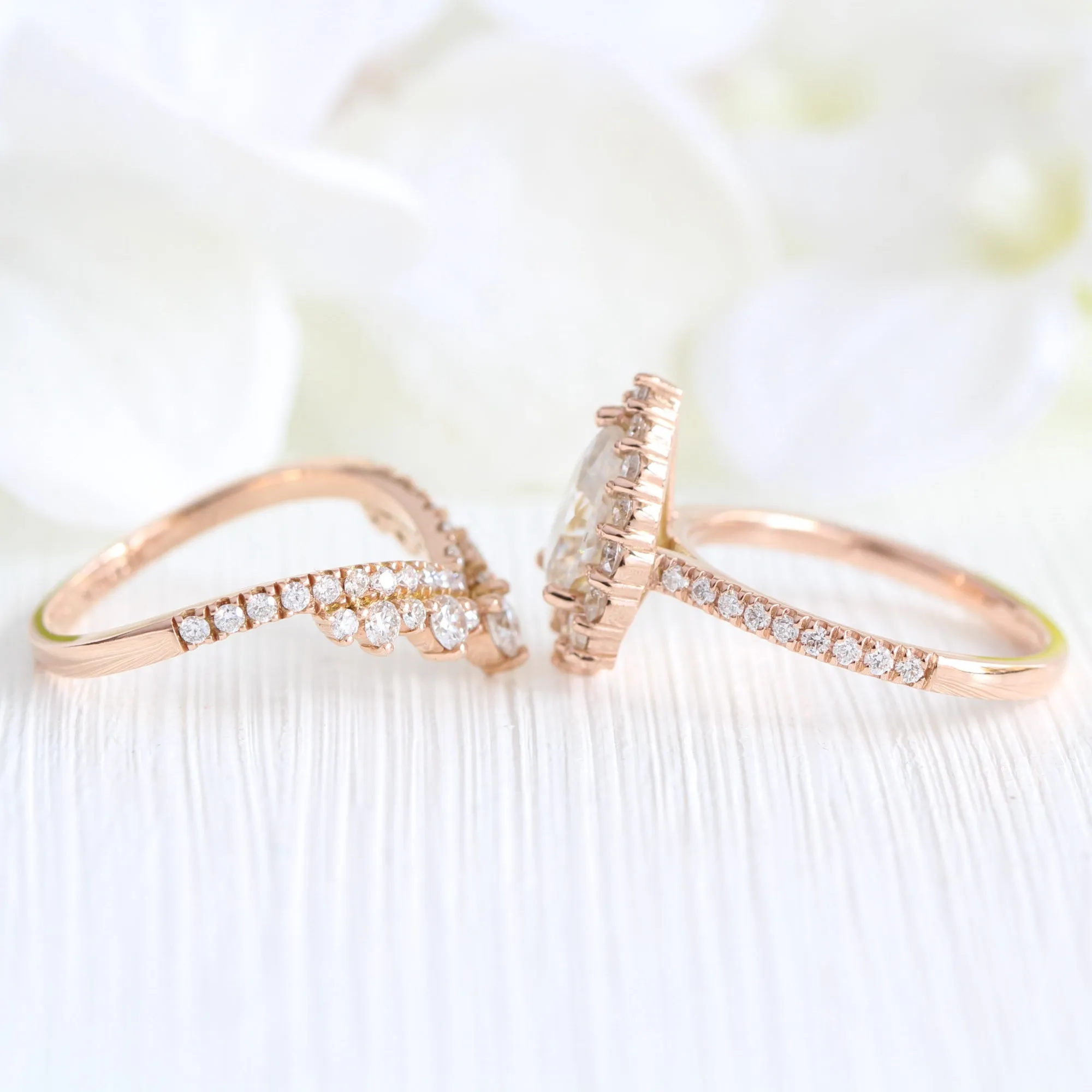 Large Tiara Halo Pave Ring Set w/ Pear Moissanite and Large Tiara Diamond V Band