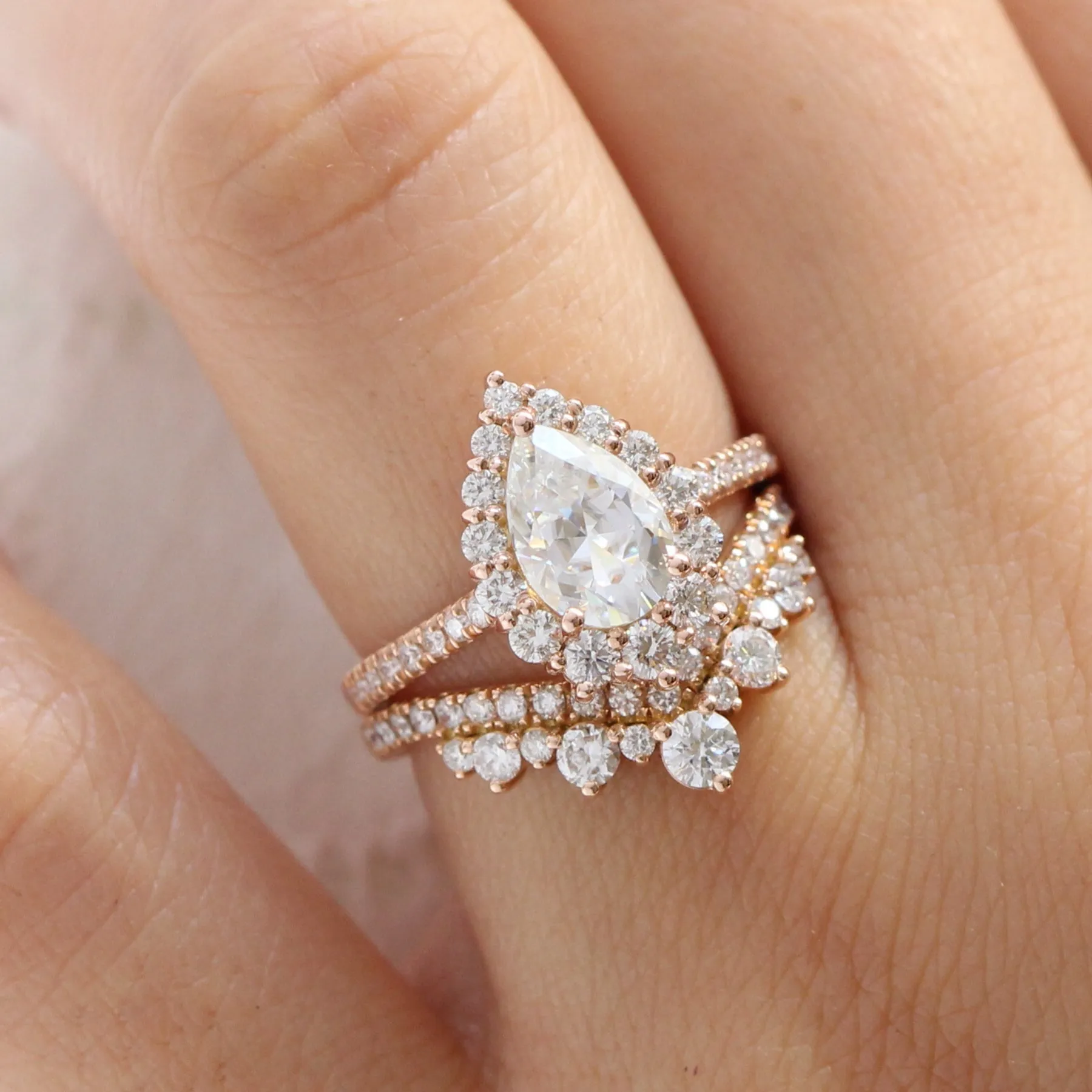 Large Tiara Halo Pave Ring Set w/ Pear Moissanite and Large Tiara Diamond V Band
