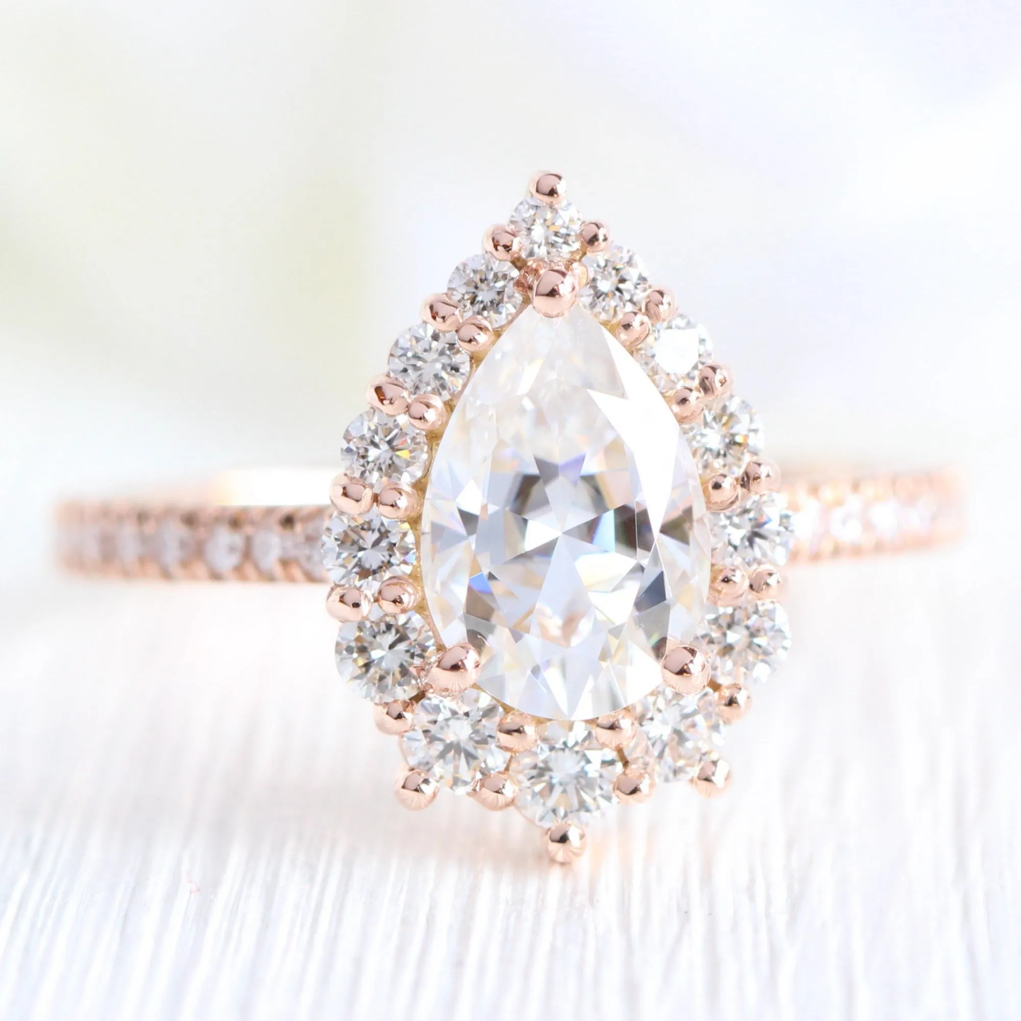 Large Tiara Halo Pave Ring Set w/ Pear Moissanite and Large Tiara Diamond V Band