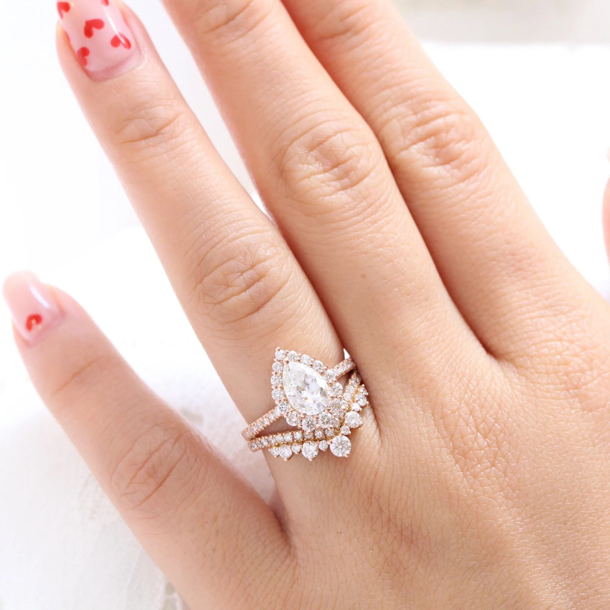Large Tiara Halo Pave Ring Set w/ Pear Moissanite and Large Tiara Diamond V Band
