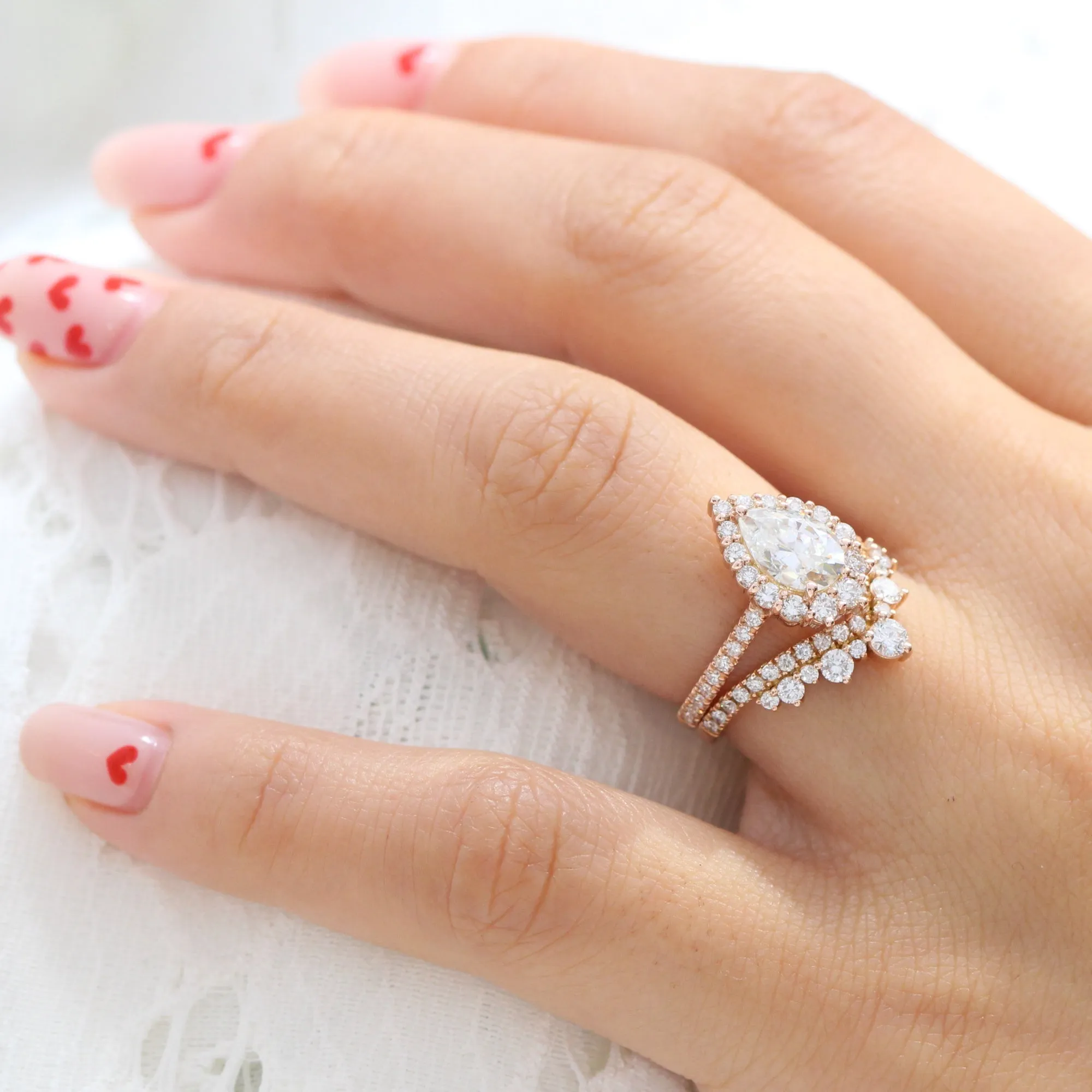 Large Tiara Halo Pave Ring Set w/ Pear Moissanite and Large Tiara Diamond V Band