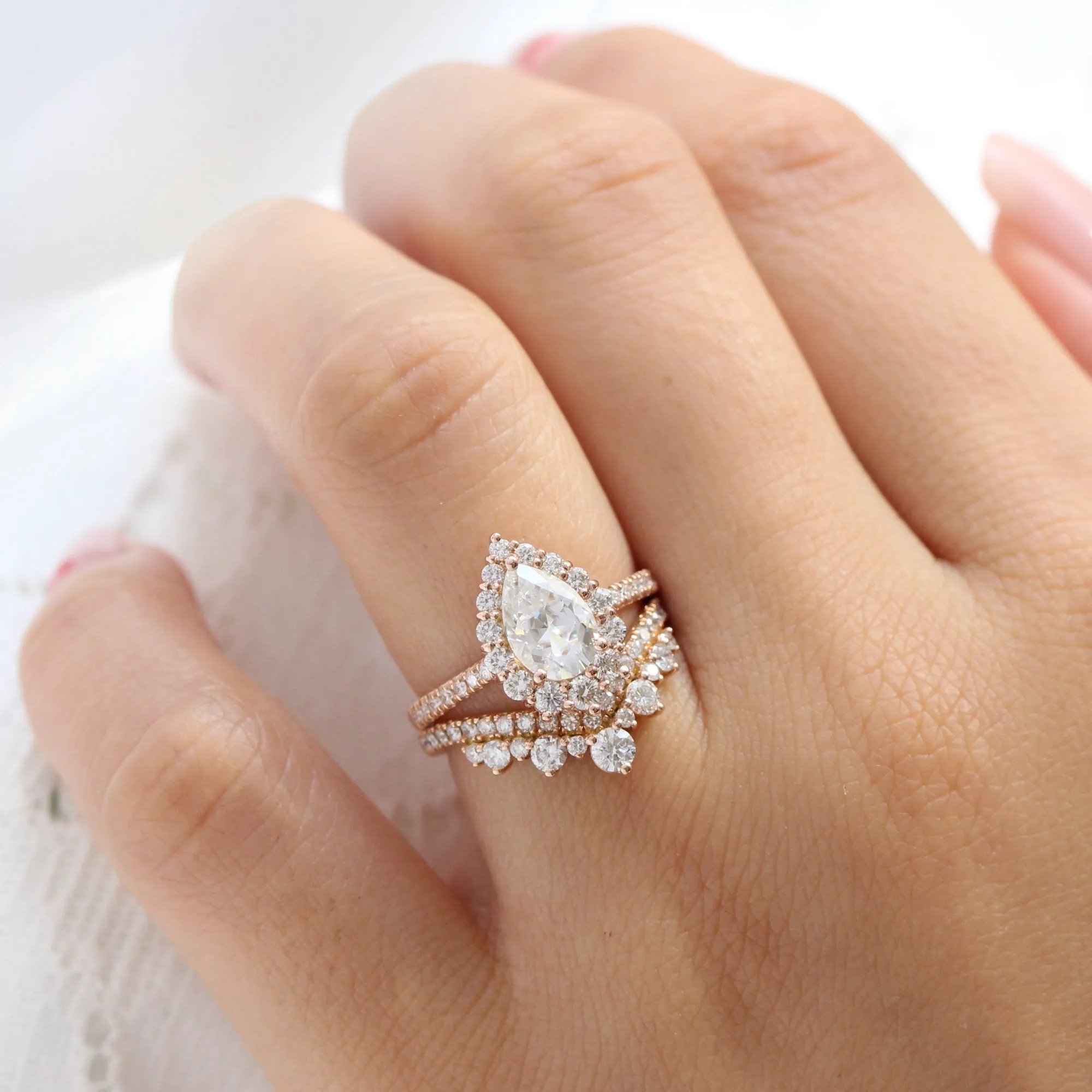 Large Tiara Halo Pave Ring Set w/ Pear Moissanite and Large Tiara Diamond V Band