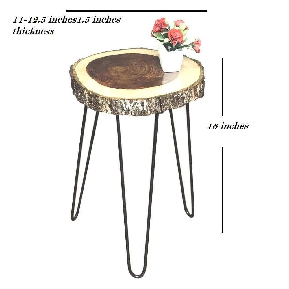LATEST HANDICRAFTS Antique Tree Slab End Table for Home deoration | Small Coffee Table for Living Room Decor | Size 12 x 12 inches / 16'' Height | Round Naural Bark Look | Metal Legs