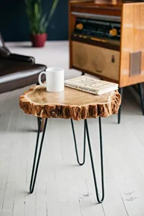 LATEST HANDICRAFTS Antique Tree Slab End Table for Home deoration | Small Coffee Table for Living Room Decor | Size 12 x 12 inches / 16'' Height | Round Naural Bark Look | Metal Legs