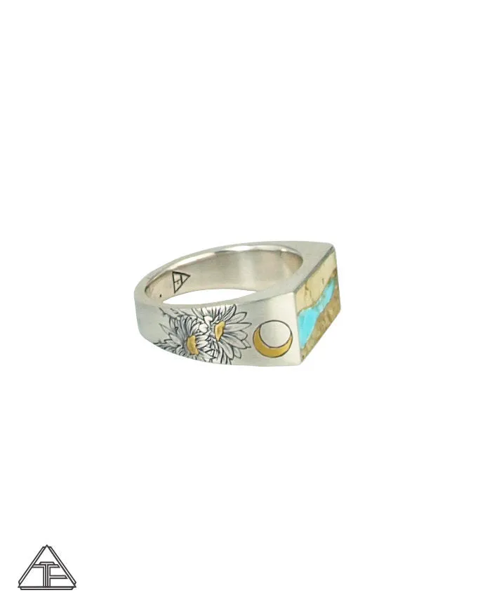 Lux Signet Ring: Inlay Turquoise Ribbon With Cactus Flower Engraving