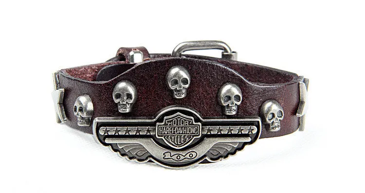 Luxury design ! Genuine leather wrap evil bracelet for women men multicolor wide skull charm men's bracelets