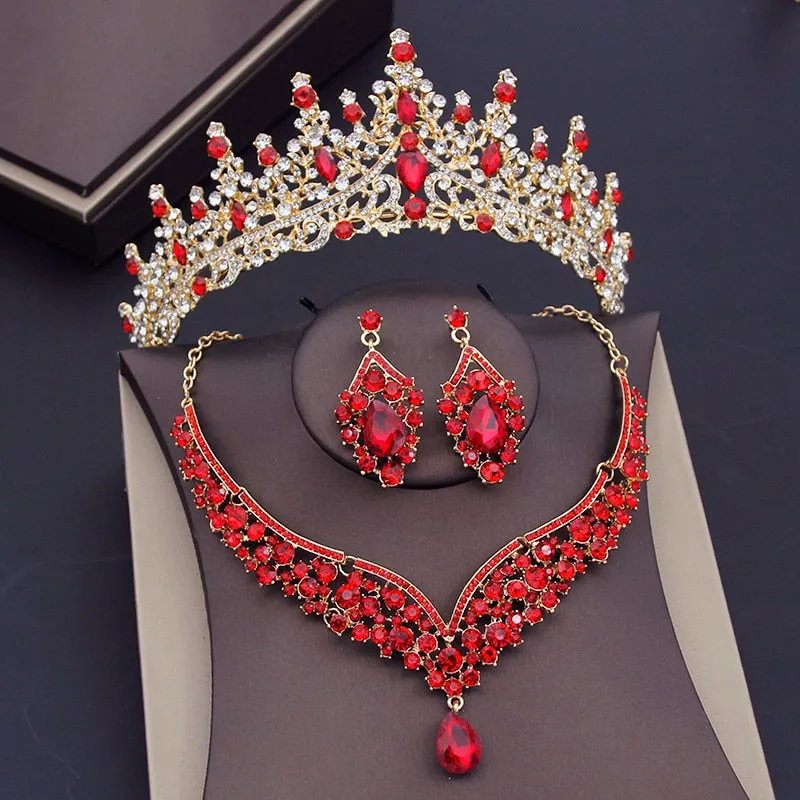 Luxury Purple Crystal Bridal Jewelry Sets for Women Crown Earring Necklace