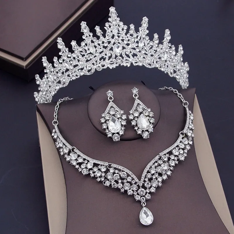 Luxury Purple Crystal Bridal Jewelry Sets for Women Crown Earring Necklace