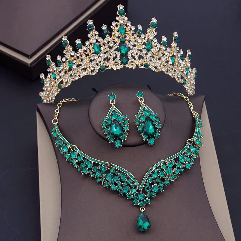 Luxury Purple Crystal Bridal Jewelry Sets for Women Crown Earring Necklace