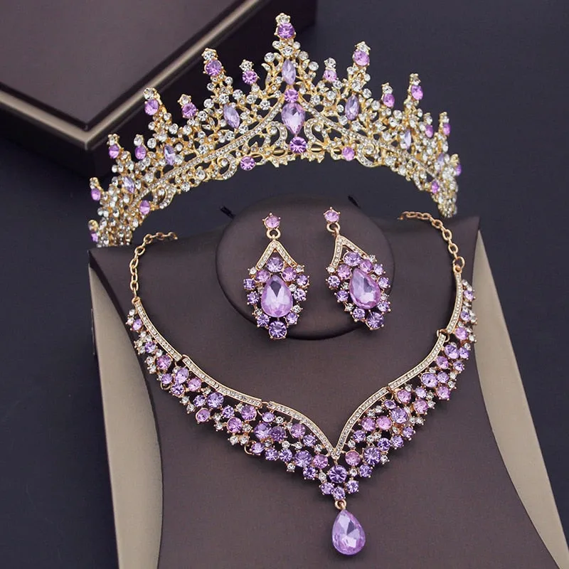 Luxury Purple Crystal Bridal Jewelry Sets for Women Crown Earring Necklace