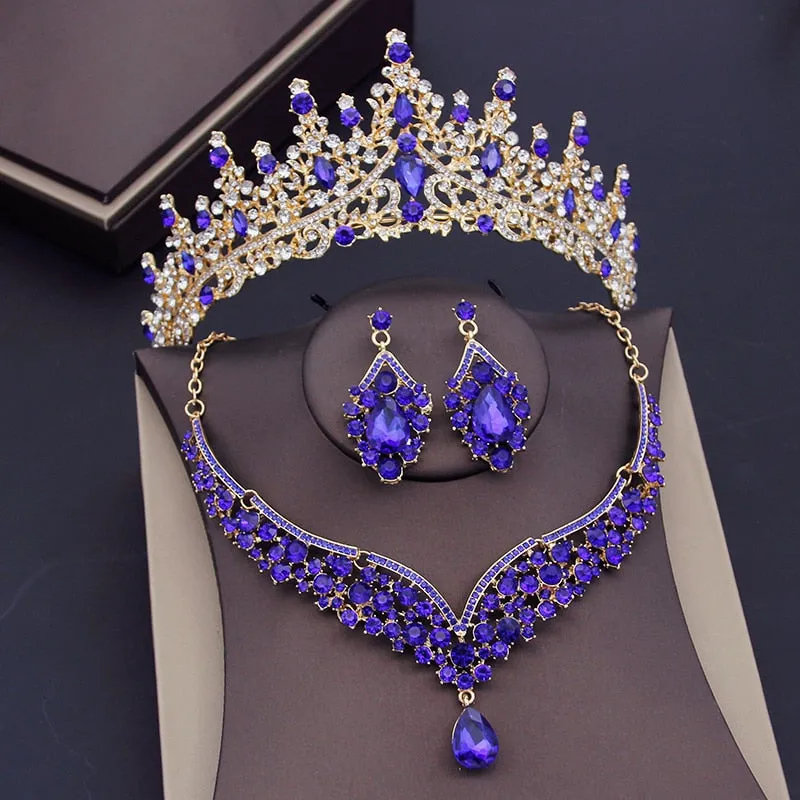 Luxury Purple Crystal Bridal Jewelry Sets for Women Crown Earring Necklace