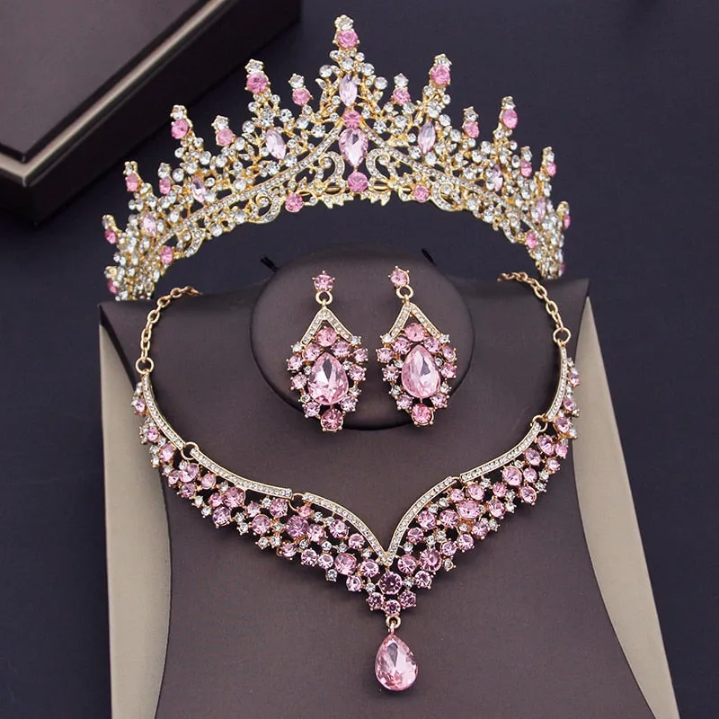 Luxury Purple Crystal Bridal Jewelry Sets for Women Crown Earring Necklace