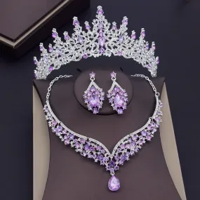 Luxury Purple Crystal Bridal Jewelry Sets for Women Crown Earring Necklace