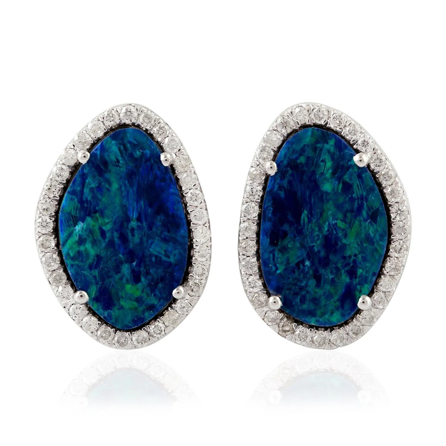 Made In 18K White Gold Cabouchon Opal Doublet Micro Pave Diamond Stud Earrings Jewelry