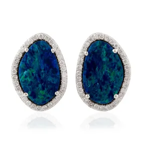 Made In 18K White Gold Cabouchon Opal Doublet Micro Pave Diamond Stud Earrings Jewelry