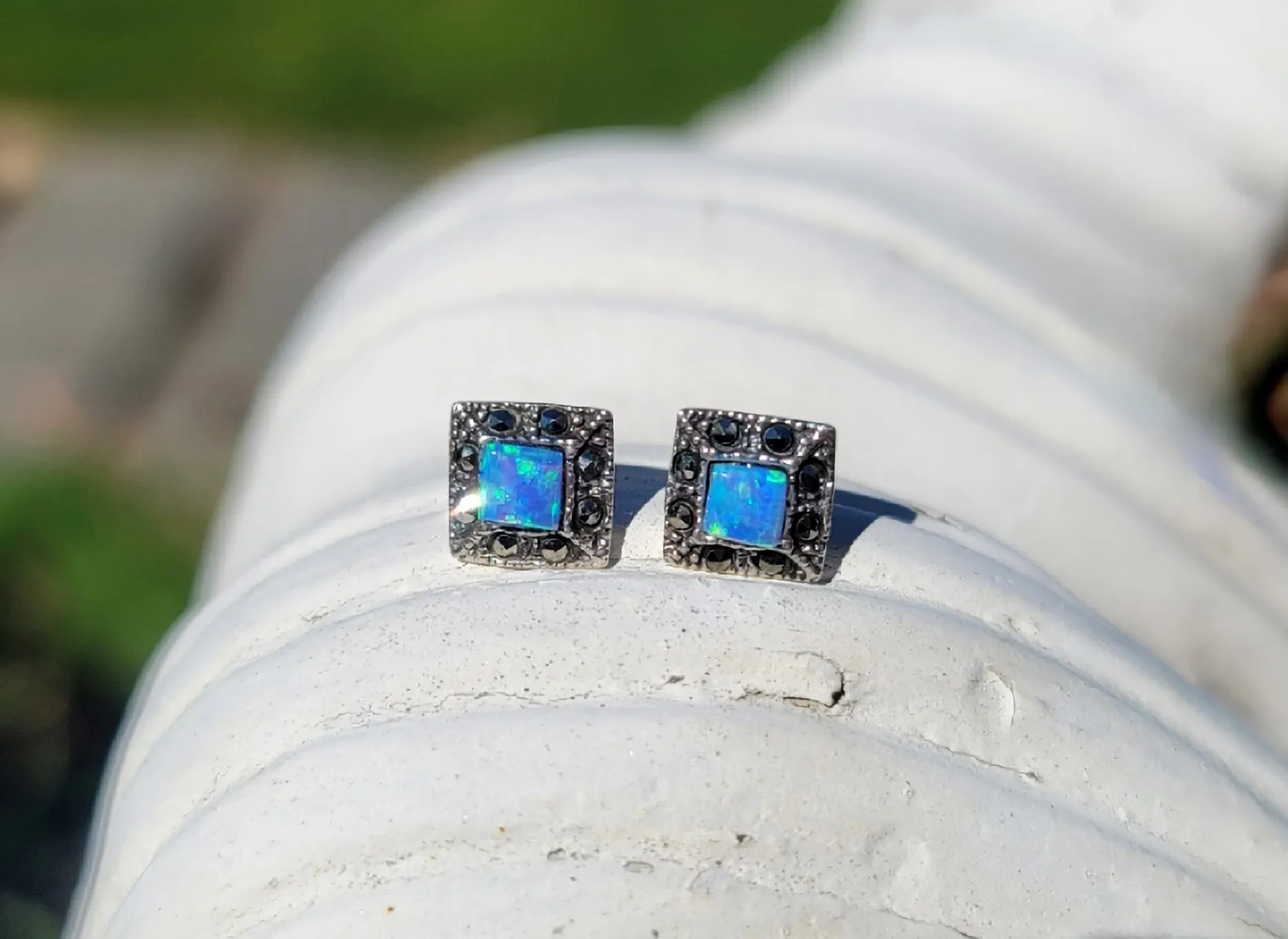 Marcasite & Blue Opal Earrings