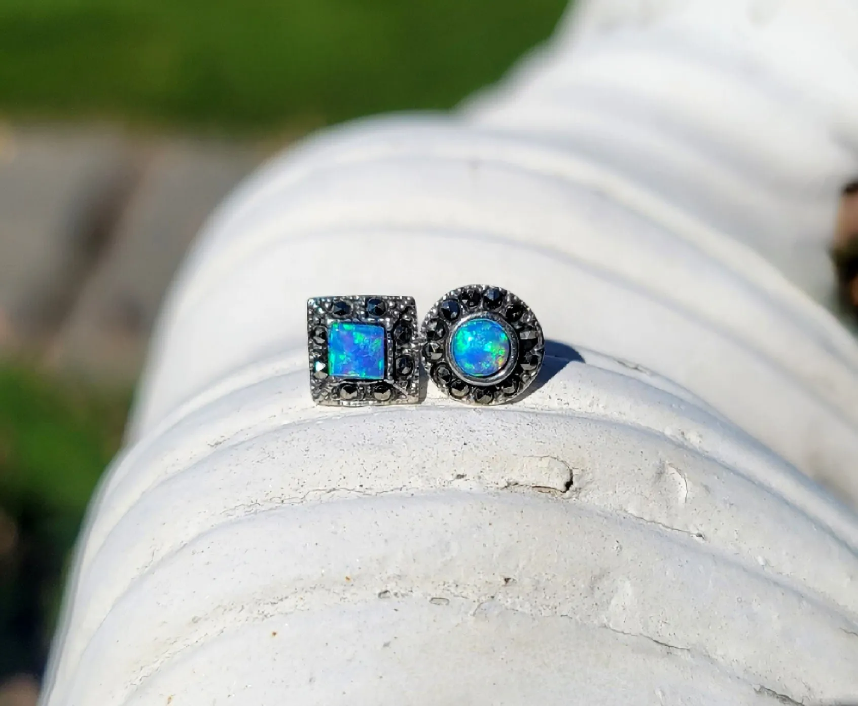 Marcasite & Blue Opal Earrings