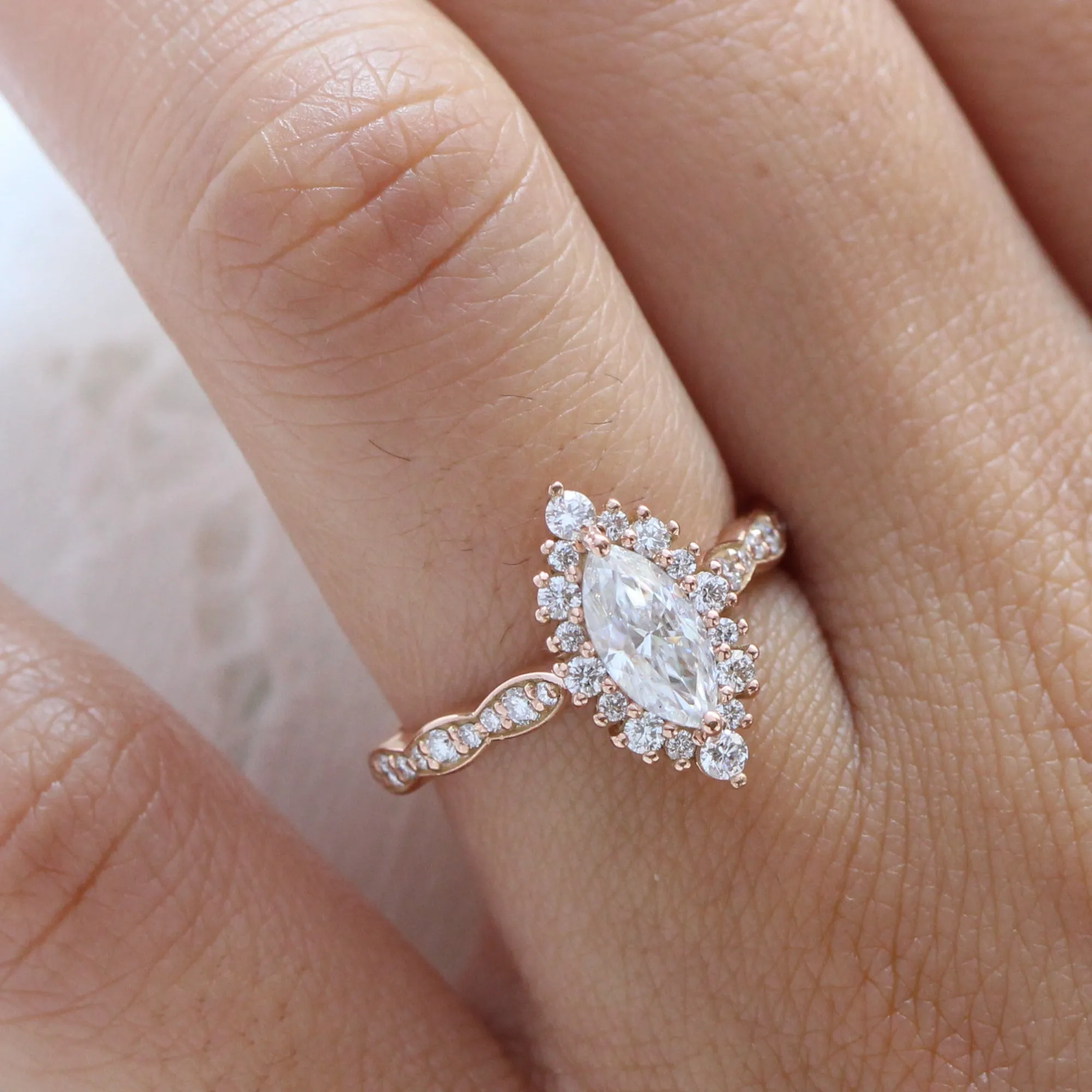 Marquise Moissanite Engagement Ring in Tiara Halo Diamond Scalloped Band