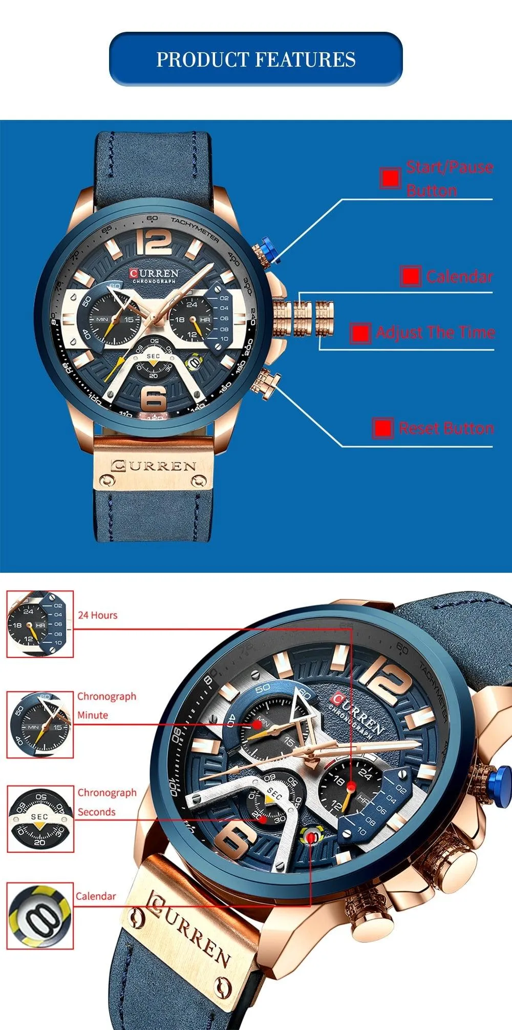 Men's Leather Strap Chronograph Luxury Wrist Watch