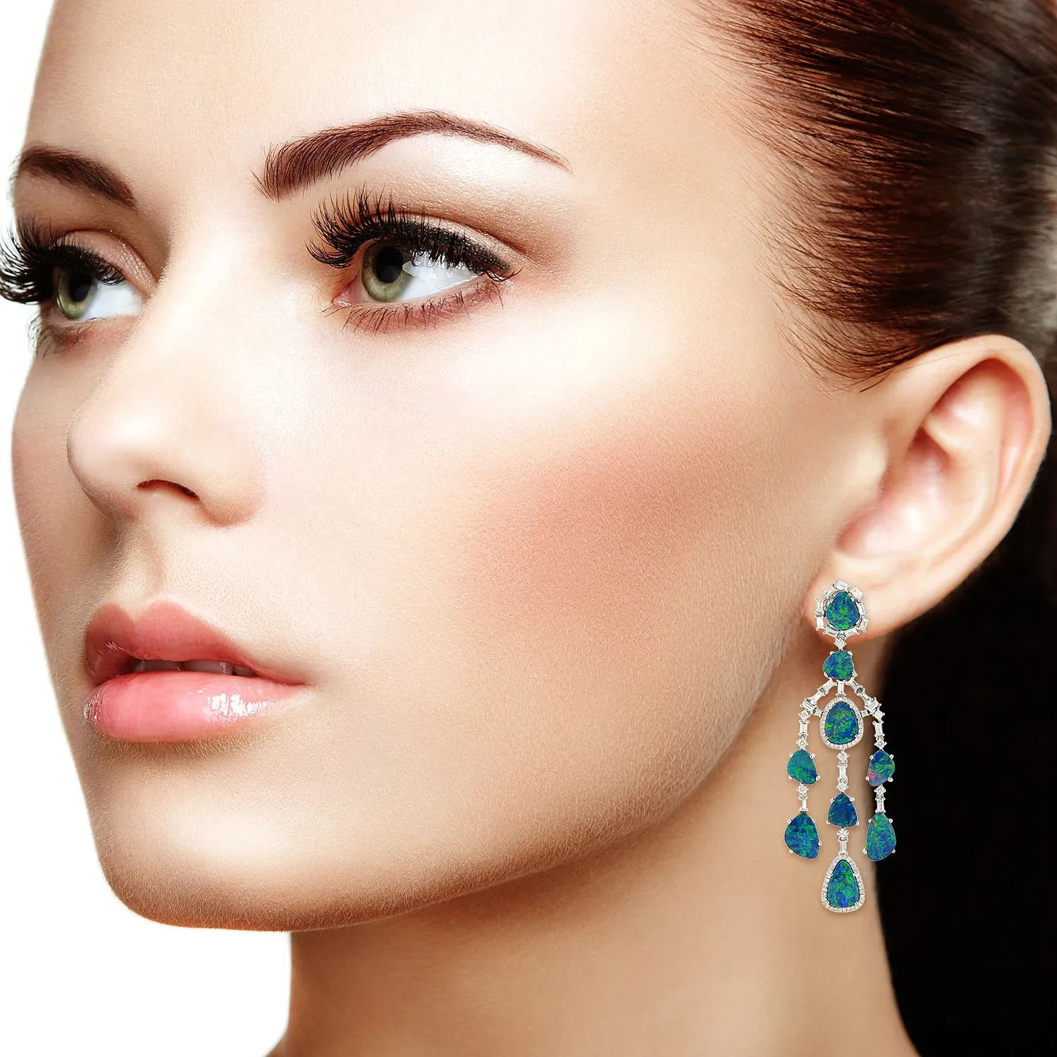 Mix Cut Opal Doublet October Birthstone Baguette Diamond Chandelier Earrings In White Gold