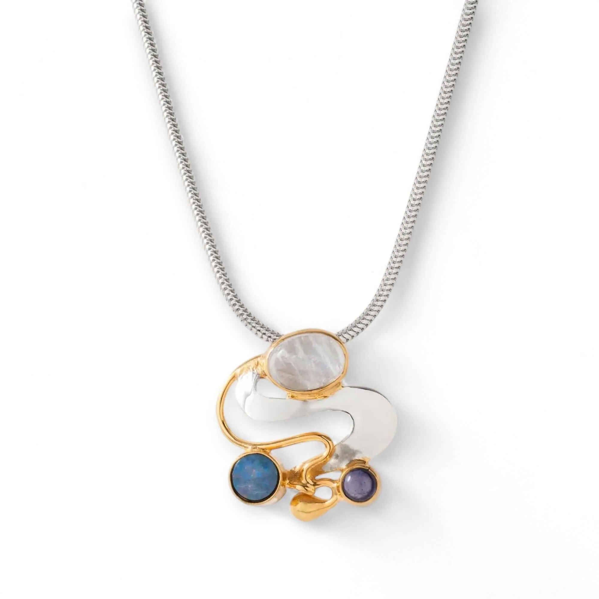 Monet inspirations Water Lily Pendant  - Sterling Silver with Rainbow Moonstone & Iolite