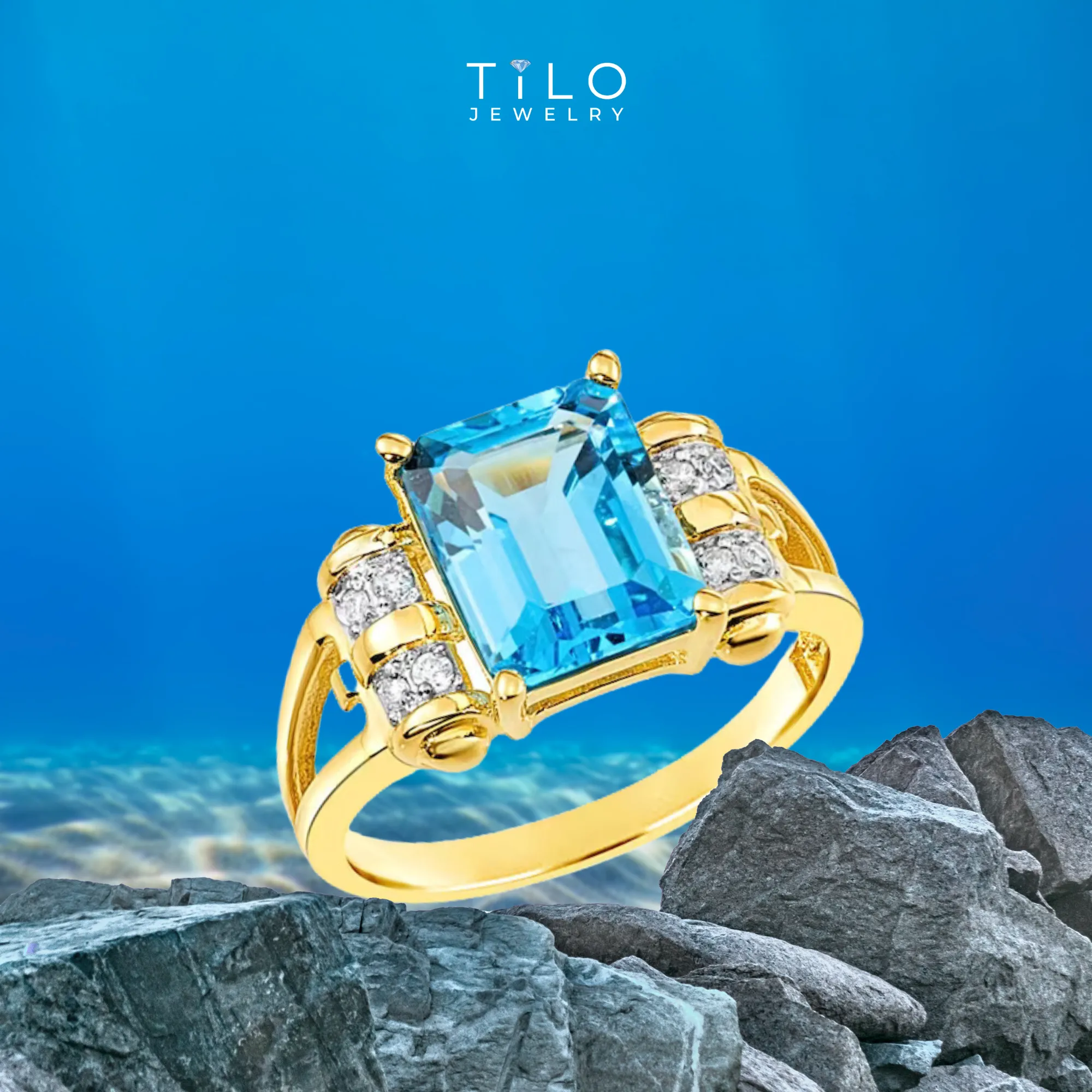 Natural Swiss Blue Topaz Gemstone Ring, 14k Gold Ring with Natural Diamonds