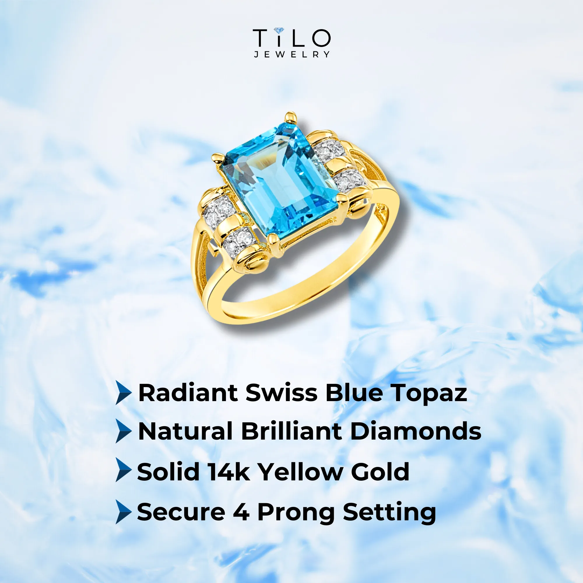 Natural Swiss Blue Topaz Gemstone Ring, 14k Gold Ring with Natural Diamonds