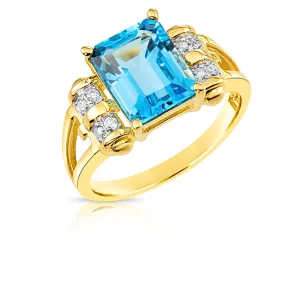 Natural Swiss Blue Topaz Gemstone Ring, 14k Gold Ring with Natural Diamonds