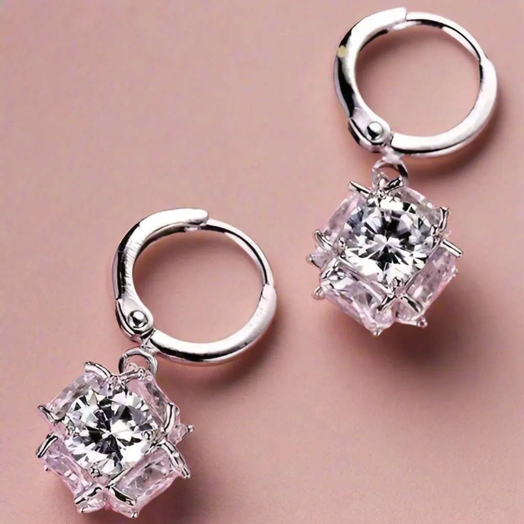 OB Crystal Cube Dangling Charm 14K Gold Plated Earrings for Woman Special Occasions Bridal and Prom Accessory