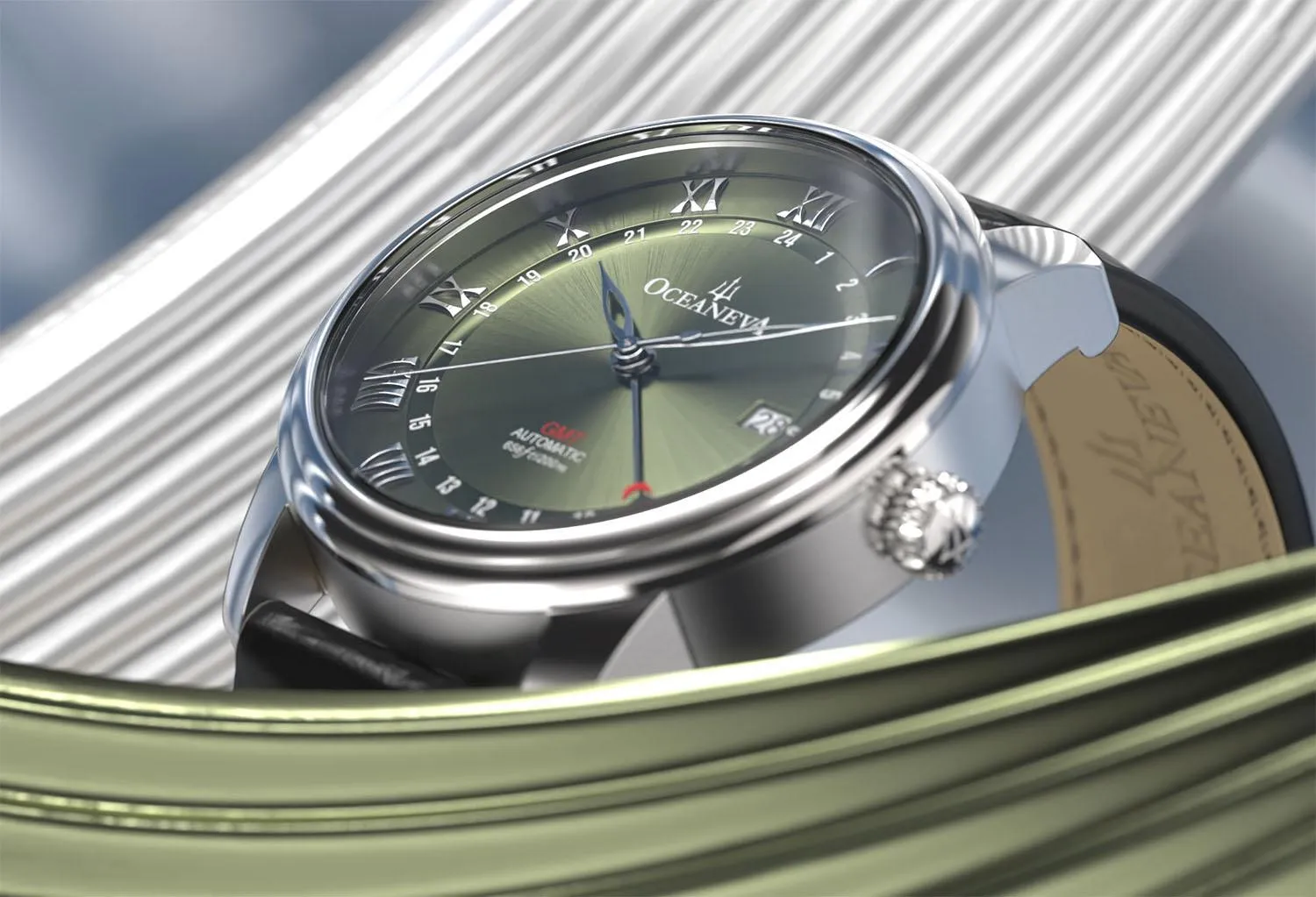 Oceaneva Men's OceanTrek GMT Automatic 200m Leather Olive Drab Watch