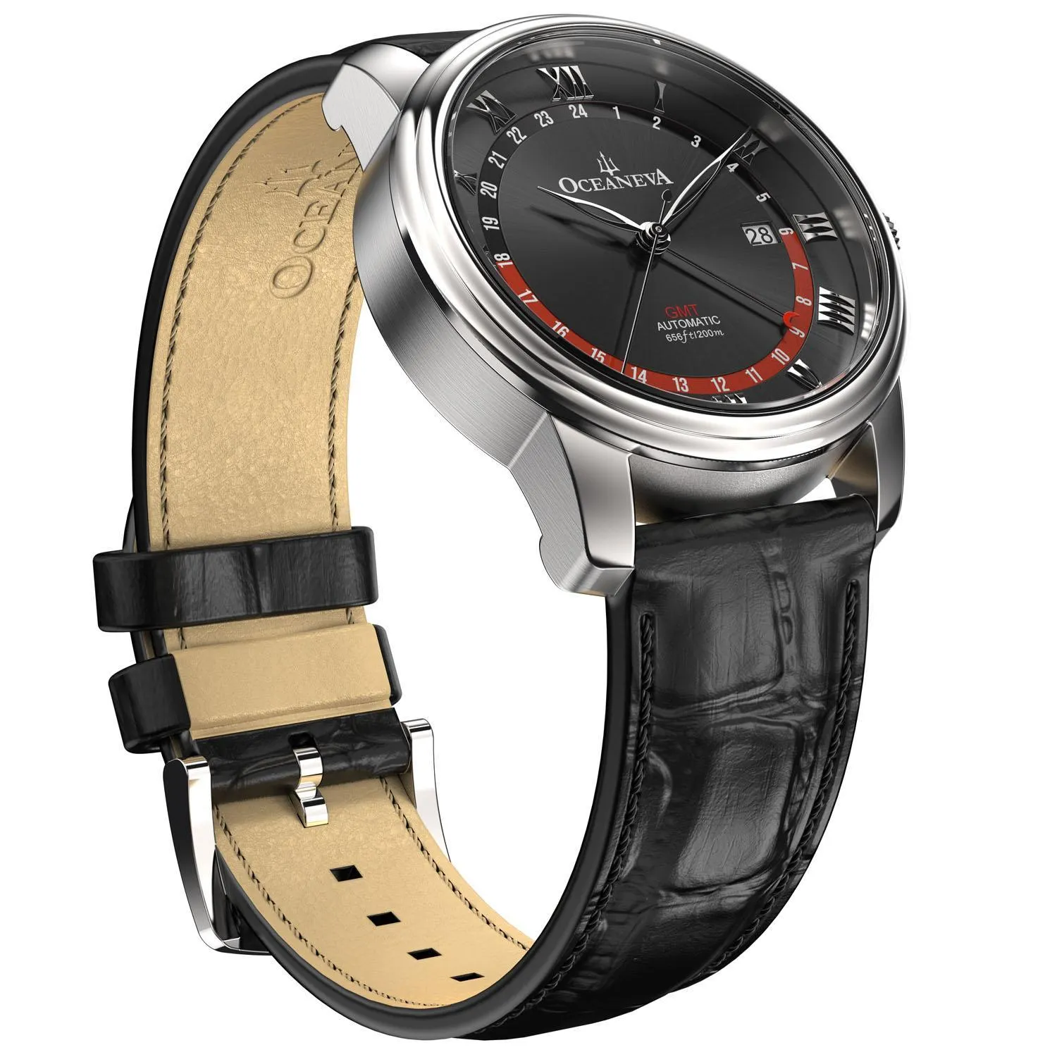 Oceaneva Men's OceanTrek GMT Automatic 200m Leather Watch Black